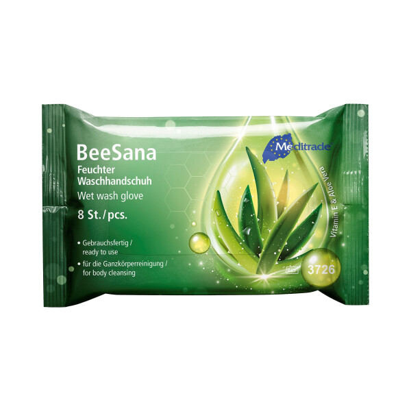BeeSana® - feuchter einmal Waschhandschuh 8 Stück im Flowpack gebrauchsfertig