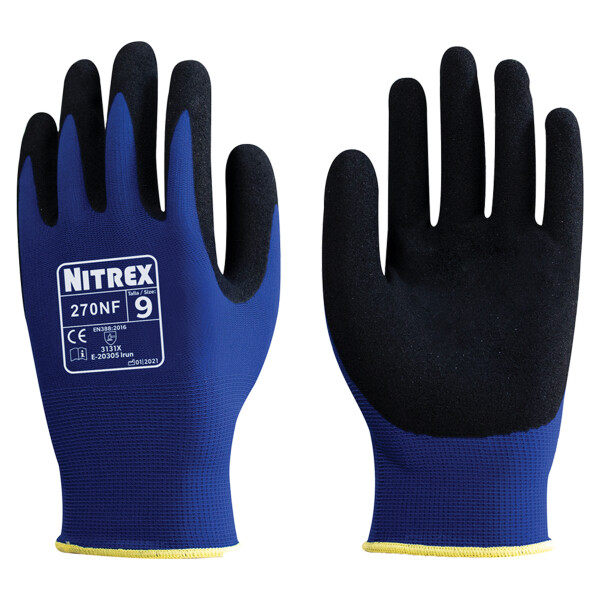 1 Paar - Mehrweghandschuh Nitrex 270NF blau /schwarz aus Polyamid mit Nitril Beschichtung - NitreGrip® Technology XS