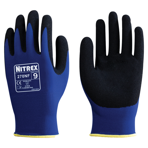 1 Paar - Mehrweghandschuh "Nitrex 270NF" blau /schwarz aus Polyamid mit Nitril Beschichtung - NitreGrip® Technology L