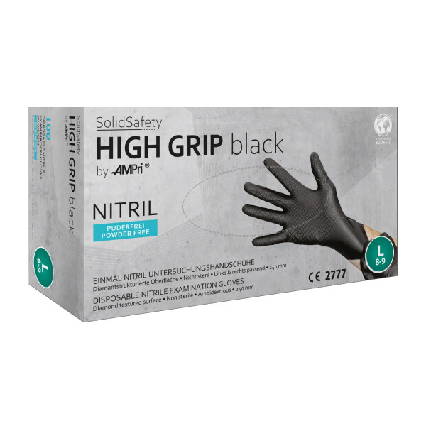 High Grip Einmalhandschuh aus Nitril in schwarz - Diamantstrukturierte Oberfläche, Box á 100 Stück