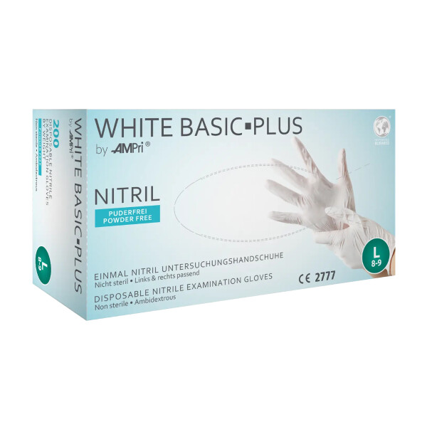 Einmalhandschuhe Nitril weiß Ampri "WHITE BASIC PLUS", puderfrei, 200 Stk./Box XS/extra small