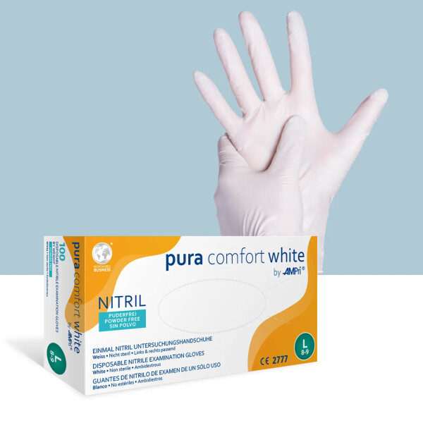 Nitril Handschuhe weiß "Pura Comfort White", puderfrei, Ampri, Box á 100 Stück