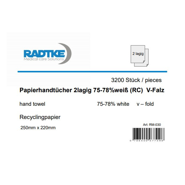 3200 Falthandtücher Papierhandtücher 2 lagig, 75-78 % weiß, V Falz ZZ Falz, Recyclingpapier, 25x22cm